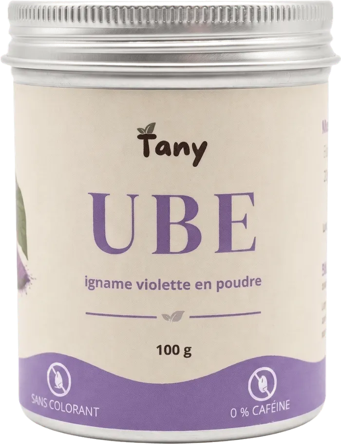 Pot TANY Ube 100 g, étiquette crème et violette.