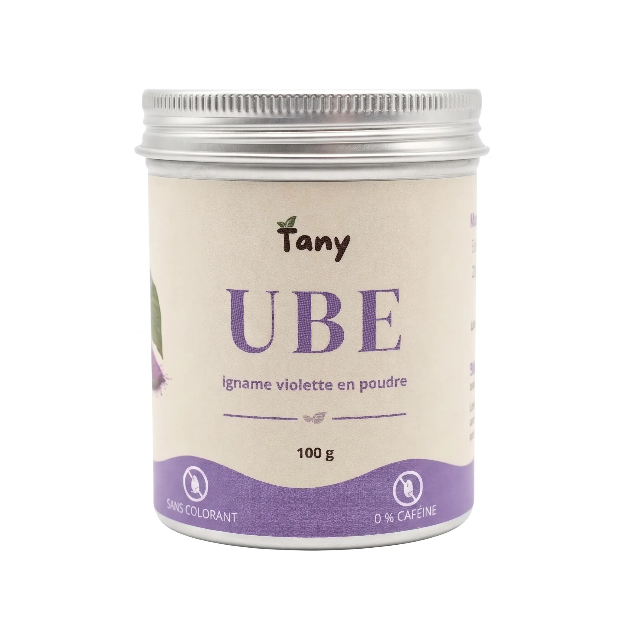 Pot TANY Ube 100 g, étiquette crème et violette, couvercle en aluminium : igname violette en poudre, sans colorant, 0 % caféine.