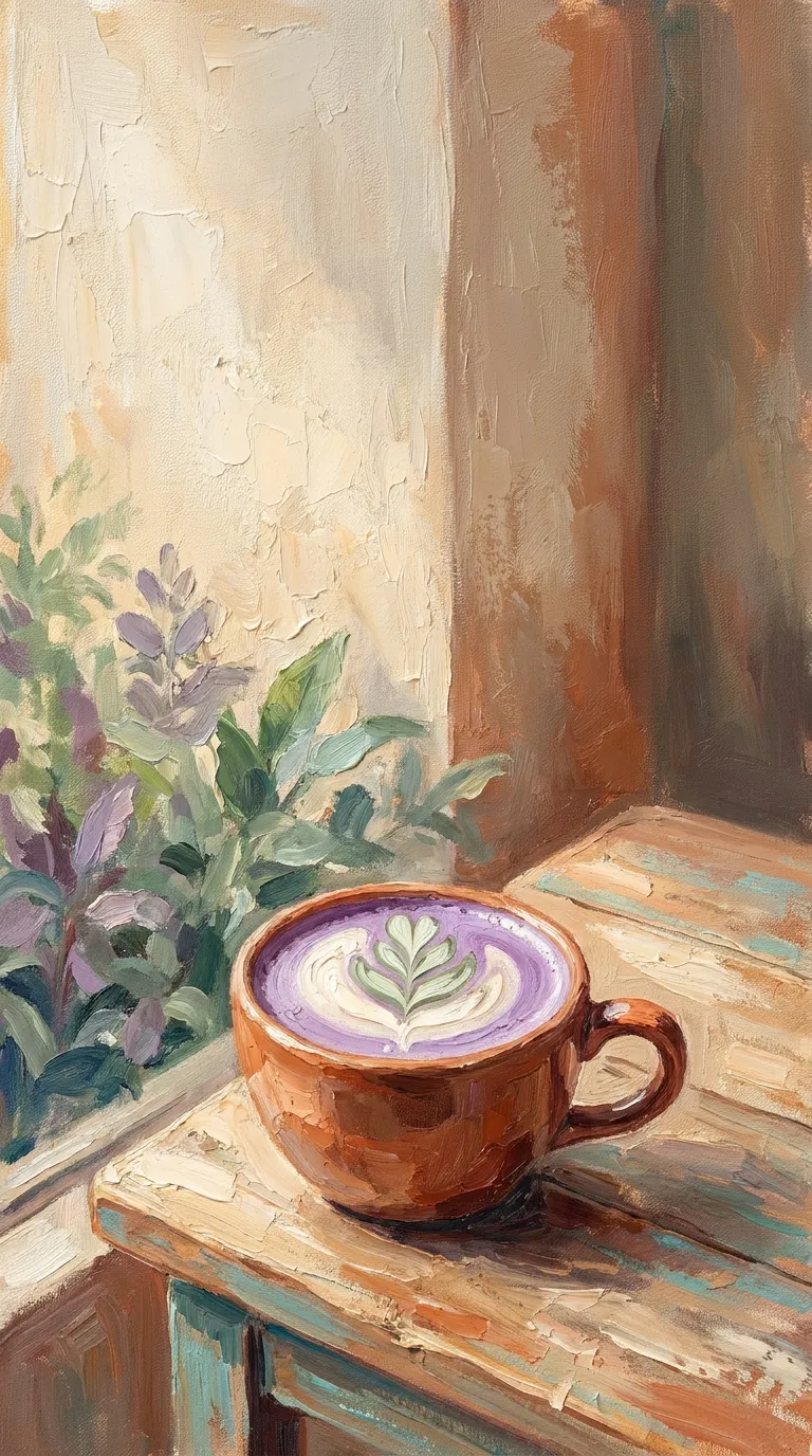 Peinture d'un ube latte mauve avec un motif de mousse, dans une tasse en terre cuite, près d'une fenêtre.