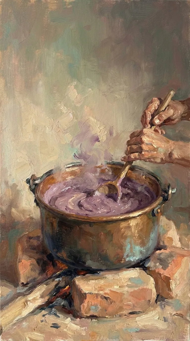 Peinture de deux mains qui remuent une pâte d'ube violette dans une marmite en cuivre, sur un feu de bois.