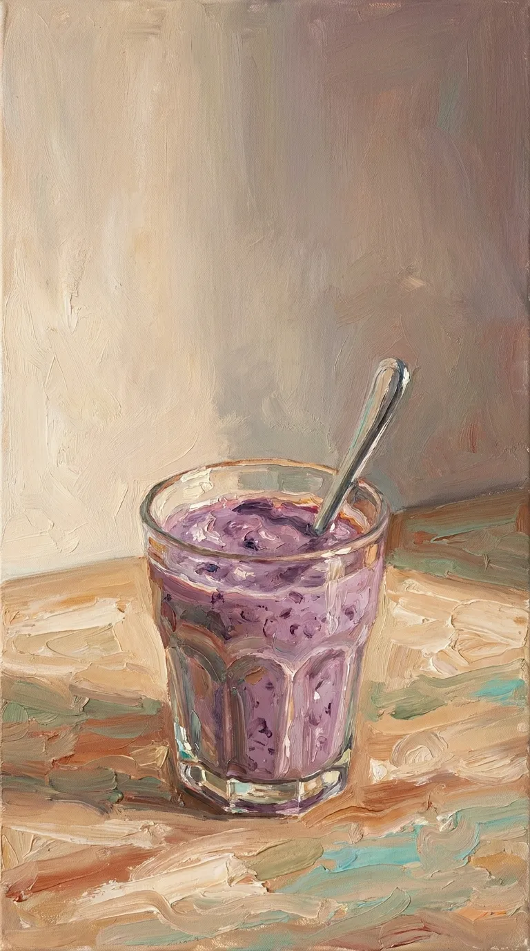 Peinture d'un verre de lait violet où l'on voit des morceaux de pâte d'ube, avec une cuillère.