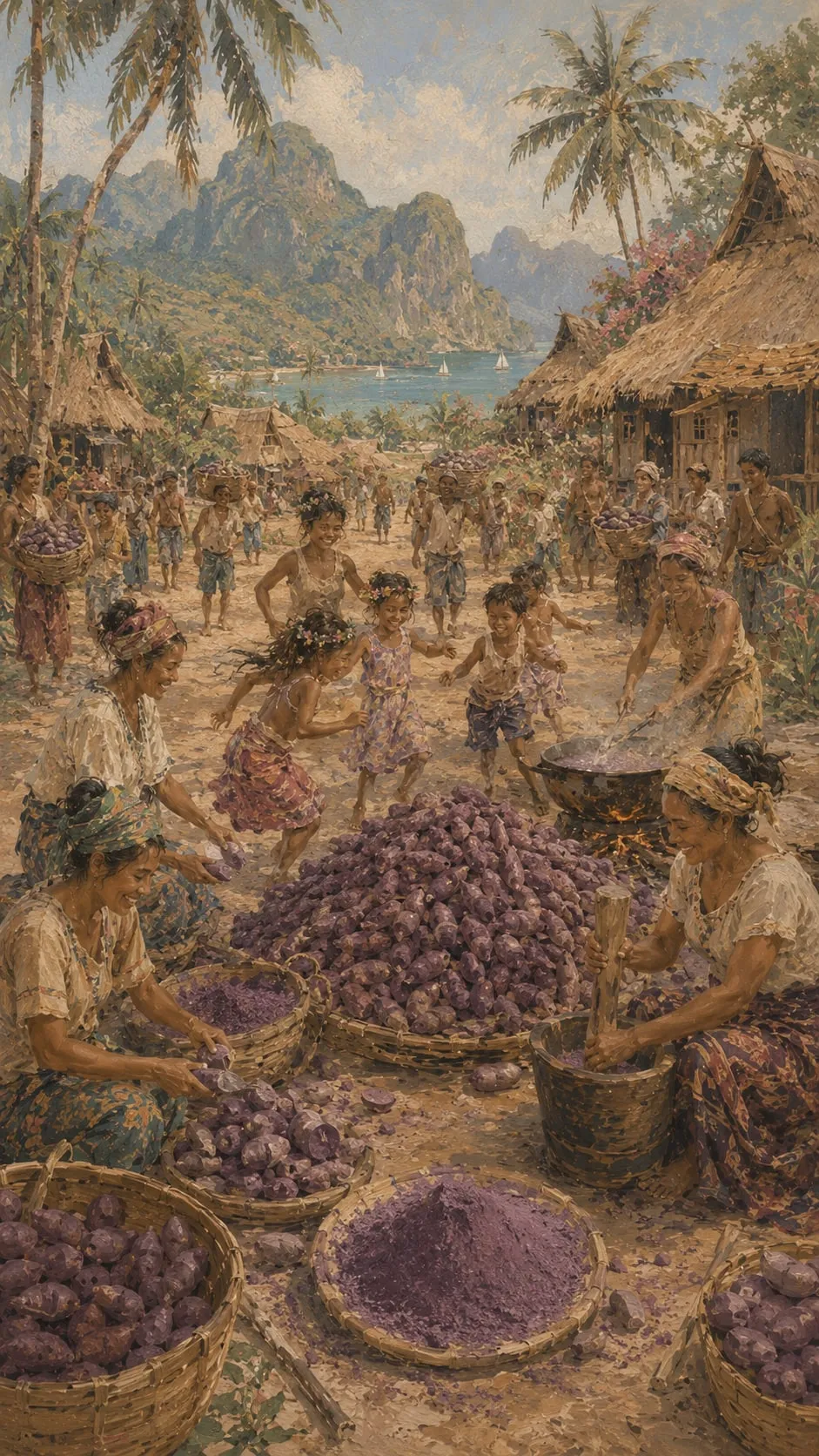 Peinture d'un village de Pangasinan : des familles récoltent et préparent l'ube.